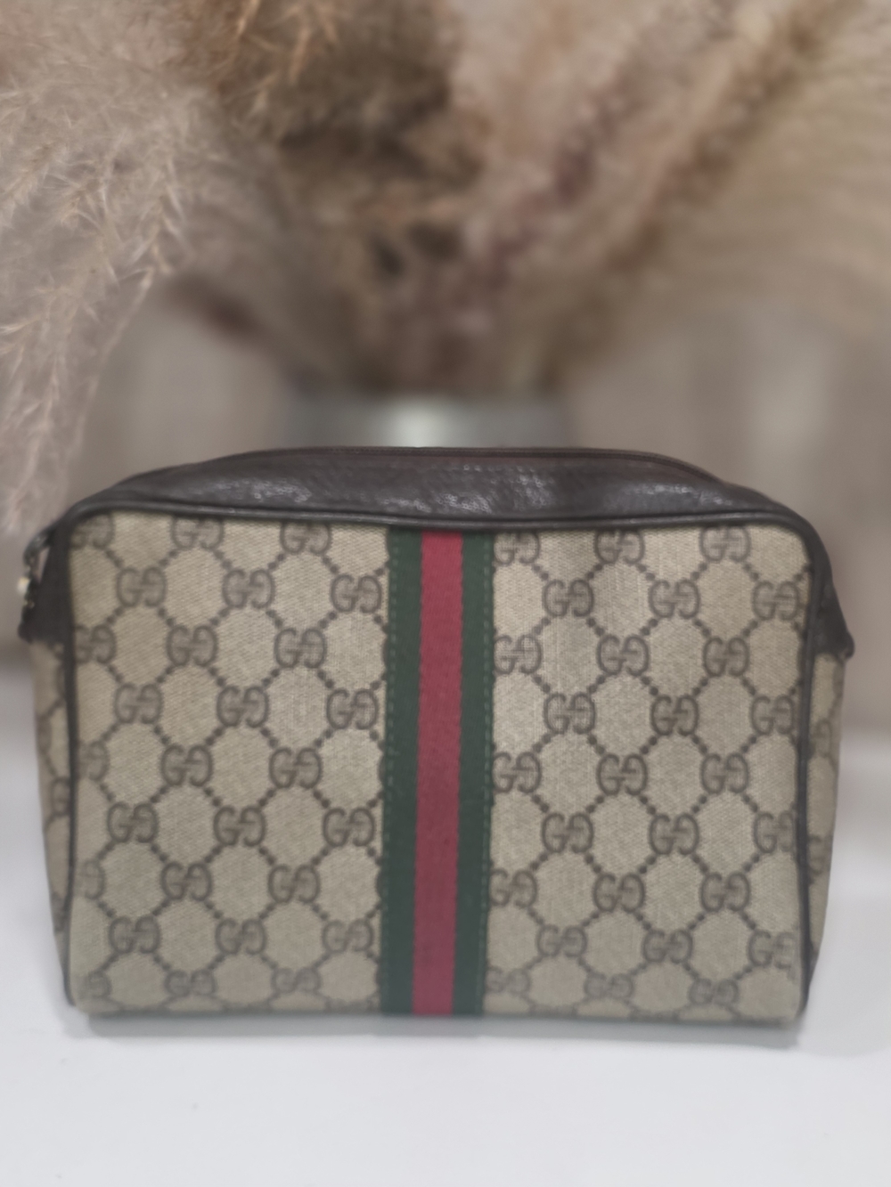 Authentic Gucci Beige Monogram Toiletry Pouch w/ Green & Red Web Stripe